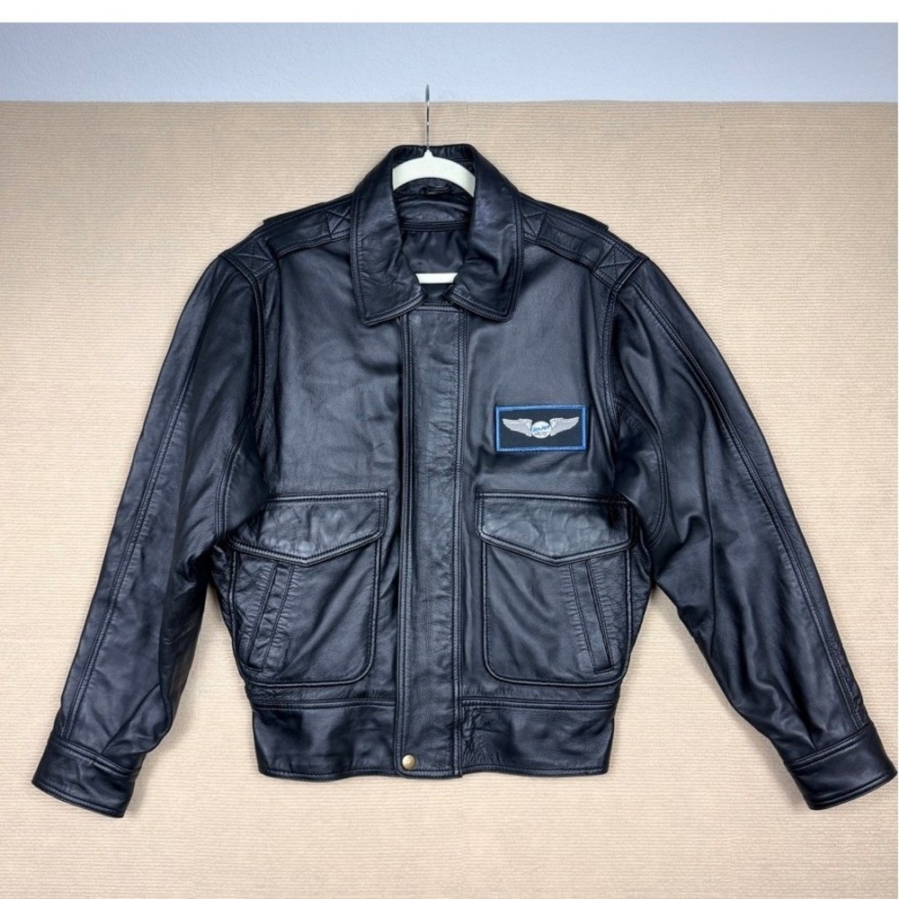 Taylor Leatherwear Black Sheepskin Leather Pilot Bomber Jacket Removable Patch